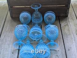 Vintage Blue Opalescent Hobnail Glasses Water Wine Goblet lot of 8 5 1/2 tall