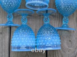 Vintage Blue Opalescent Hobnail Glasses Water Wine Goblet lot of 8 5 1/2 tall