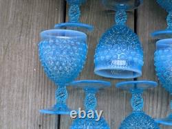 Vintage Blue Opalescent Hobnail Glasses Water Wine Goblet lot of 8 5 1/2 tall