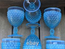Vintage Blue Opalescent Hobnail Glasses Water Wine Goblet lot of 8 5 1/2 tall