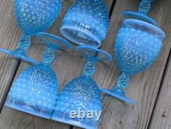Vintage Blue Opalescent Hobnail Glasses Water Wine Goblet lot of 8 5 1/2 tall