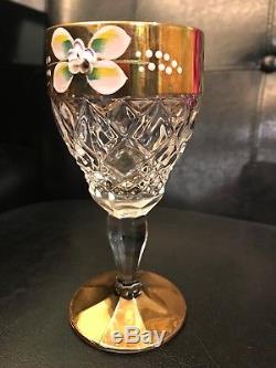 Vintage Bohemia Crystal Wine Set Decanter 5 Glasses Czech Gold Trim Enamel