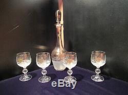 Vintage Bohemia Glam Gold Inlaid Clear Crystal Decanter and Four Wine Goblet Set