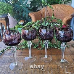 Vintage Bohemian 4 Wine Stem Glass Amethyst Purple Cut To Clear A+++ Condition