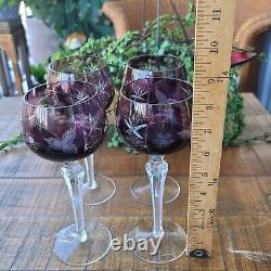 Vintage Bohemian 4 Wine Stem Glass Amethyst Purple Cut To Clear A+++ Condition