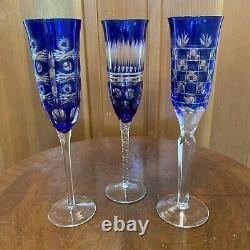 Vintage Bohemian Cobalt Blue Cut-to-clear Champagne Flute Wine Glasses (3) Mint