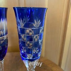 Vintage Bohemian Cobalt Blue Cut-to-clear Champagne Flute Wine Glasses (3) Mint