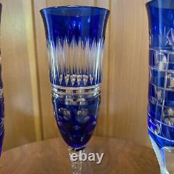 Vintage Bohemian Cobalt Blue Cut-to-clear Champagne Flute Wine Glasses (3) Mint
