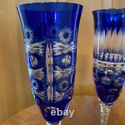 Vintage Bohemian Cobalt Blue Cut-to-clear Champagne Flute Wine Glasses (3) Mint