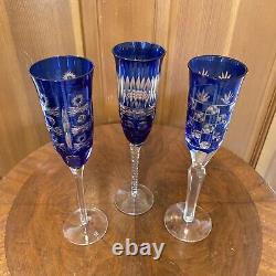 Vintage Bohemian Cobalt Blue Cut-to-clear Champagne Flute Wine Glasses (3) Mint