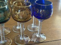 Vintage Bohemian Cordial Glasses Set of 12 Multi-Color with Gold Trim
