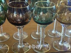 Vintage Bohemian Cordial Glasses Set of 12 Multi-Color with Gold Trim