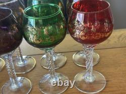 Vintage Bohemian Cordial Glasses Set of 12 Multi-Color with Gold Trim