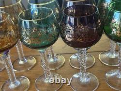 Vintage Bohemian Cordial Glasses Set of 12 Multi-Color with Gold Trim