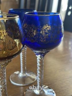 Vintage Bohemian Cordial Glasses Set of 12 Multi-Color with Gold Trim