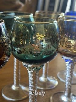 Vintage Bohemian Cordial Glasses Set of 12 Multi-Color with Gold Trim