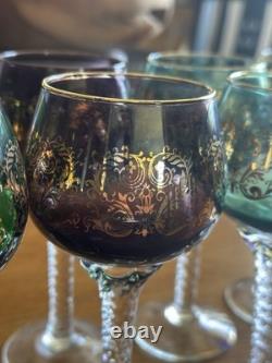 Vintage Bohemian Cordial Glasses Set of 12 Multi-Color with Gold Trim