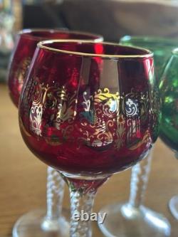 Vintage Bohemian Cordial Glasses Set of 12 Multi-Color with Gold Trim