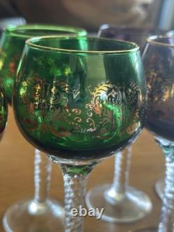 Vintage Bohemian Cordial Glasses Set of 12 Multi-Color with Gold Trim