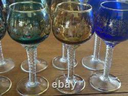 Vintage Bohemian Cordial Glasses Set of 12 Multi-Color with Gold Trim