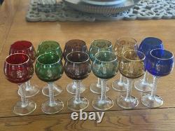 Vintage Bohemian Cordial Glasses Set of 12 Multi-Color with Gold Trim