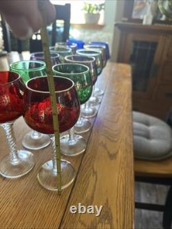 Vintage Bohemian Cordial Glasses Set of 12 Multi-Color with Gold Trim