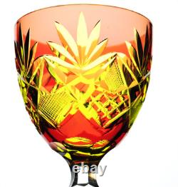 Vintage Bohemian Cranberry & Yellow Cut to Clear Stem Glass Wine Goblet