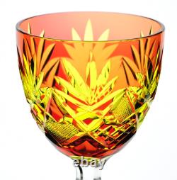 Vintage Bohemian Cranberry & Yellow Cut to Clear Stem Glass Wine Goblet
