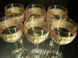 Vintage Bohemian Crystal Enameled Pink Wine Goblets, Set of 6