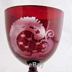 Vintage Bohemian Crystal Ruby Red Cut To Clear Wine Decanter Set 4 Glasses