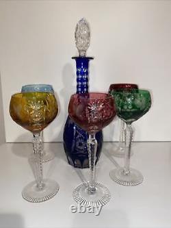 Vintage Bohemian Cut To Clear 5 Wine Glasses and Decanter
