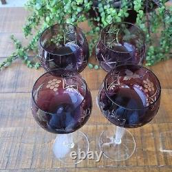 Vintage Bohemian Czech Amethyst Purple Cut To Clear Wine Stem Glass Set 4