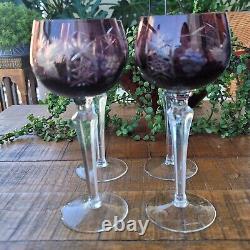 Vintage Bohemian Czech Deep Ruby Red Purple Cut To Clear Wine Stem Glass Set 4