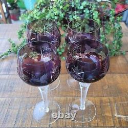 Vintage Bohemian Czech Deep Ruby Red Purple Cut To Clear Wine Stem Glass Set 4