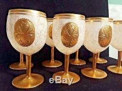 Vintage Bohemian Czech Eight Wine Goblets Glasses with24 Carat Gold Mid Century