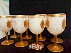 Vintage Bohemian Czech Eight Wine Goblets Glasses with24 Carat Gold Mid Century