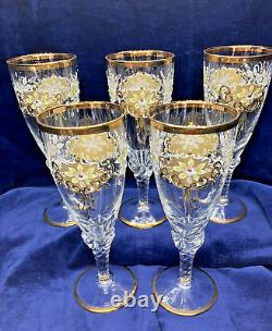 Vintage Bohemian Czech Glass Enameled Hand Painted Champagne/Wine Glasses qty 5
