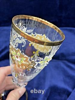 Vintage Bohemian Czech Glass Enameled Hand Painted Champagne/Wine Glasses qty 5