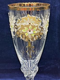Vintage Bohemian Czech Glass Enameled Hand Painted Champagne/Wine Glasses qty 5