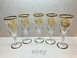 Vintage Bohemian Czech Glass Enameled Hand Painted Champagne/Wine Glasses qty 5