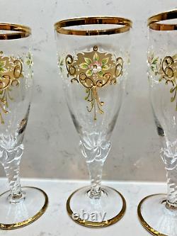 Vintage Bohemian Czech Glass Enameled Hand Painted Champagne/Wine Glasses qty 5