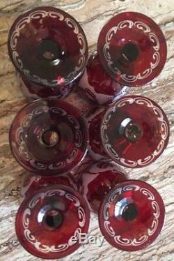 Vintage Bohemian Czech Ruby Cut to Clear Set of Wine Glasses Castle & Birds