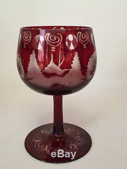 Vintage Bohemian Czech Ruby Cut to Clear Set of Wine Glasses Castle & Birds