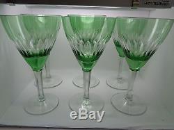 Vintage Bohemian Czech Wine Glasses Green Cut To Clear Set 6 (ref31)