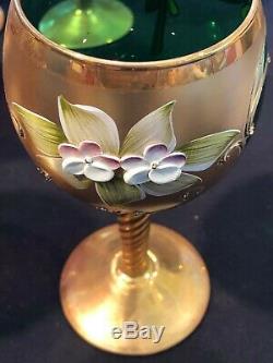 Vintage Bohemian Czech Wine Goblets Set of 12- Green & Gold Gilded