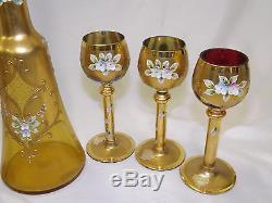 Vintage Bohemian Enameled Hand Painted Wine Set Goblets & Decanter Queen Helene