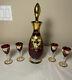 Vintage Bohemian Floral Ruby Red Gold Wine Cordial Decanter & Glasses Set