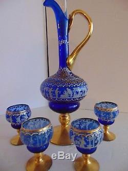Vintage Bohemian Glass Decanter with Small Wine Glasses