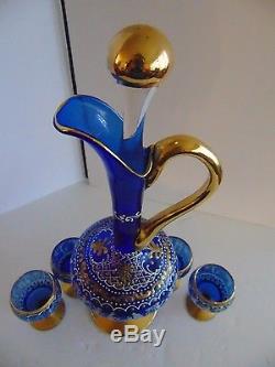 Vintage Bohemian Glass Decanter with Small Wine Glasses