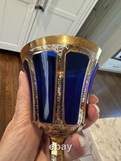 Vintage Bohemian Moser Cobalt Blue CABOCHON Wine Glass, 7 7/8, Gold Trim NEW
